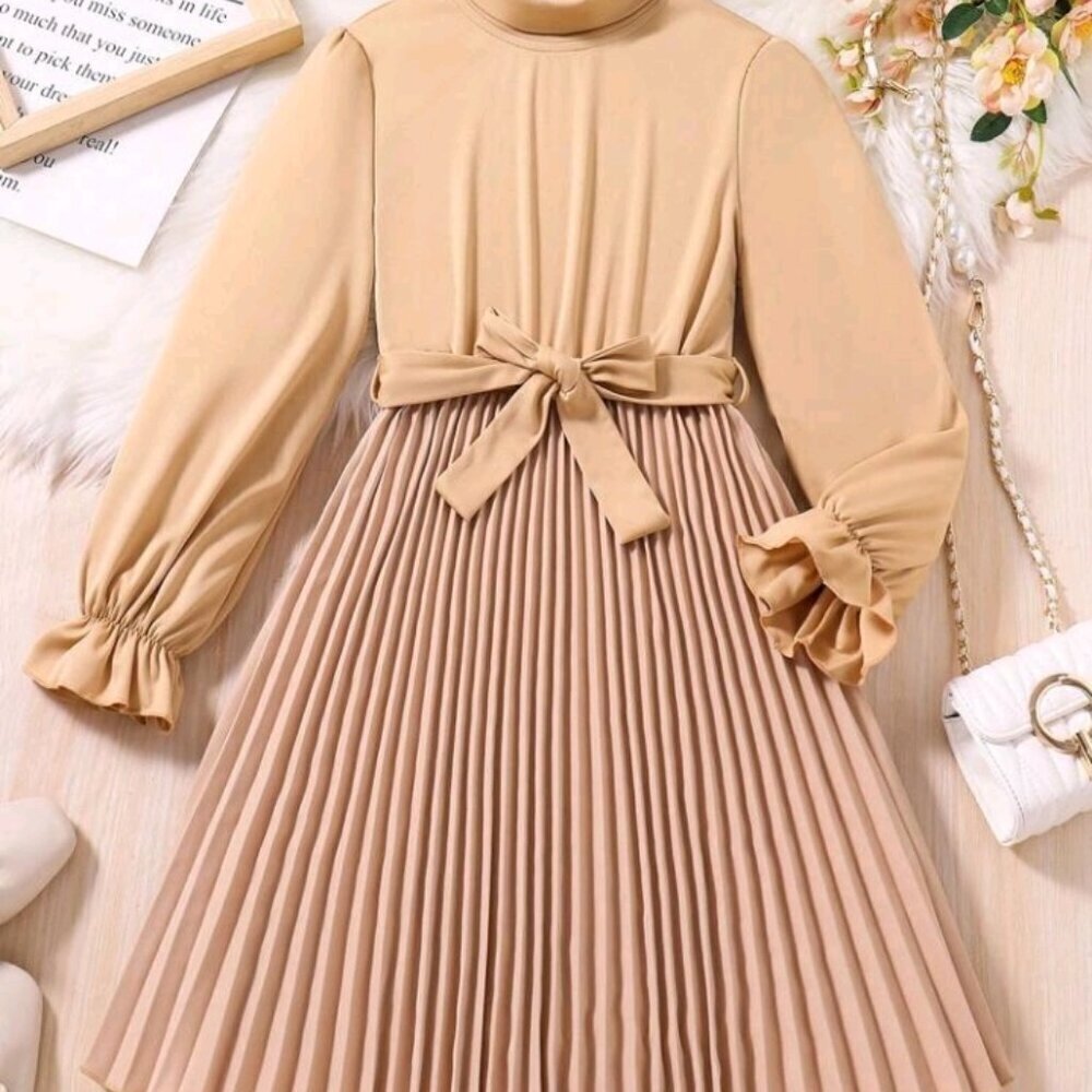 High Neck Dress with Pleated Hem & Waist Belt.